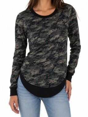 Hem & Thread Women's Green Camoflauge Knit Long Sleeve Roundneck Top